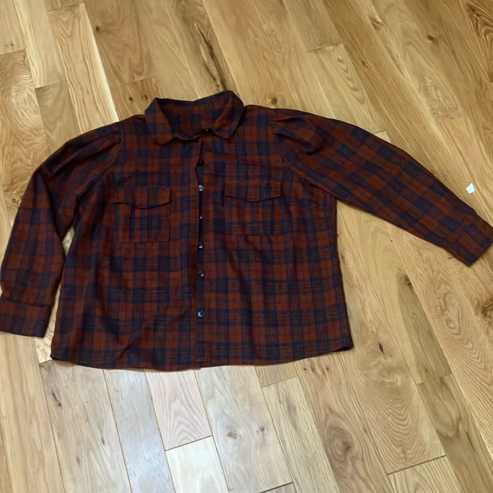 Plus puff sleeve slight cropped  plaid flannel button down  Shirt